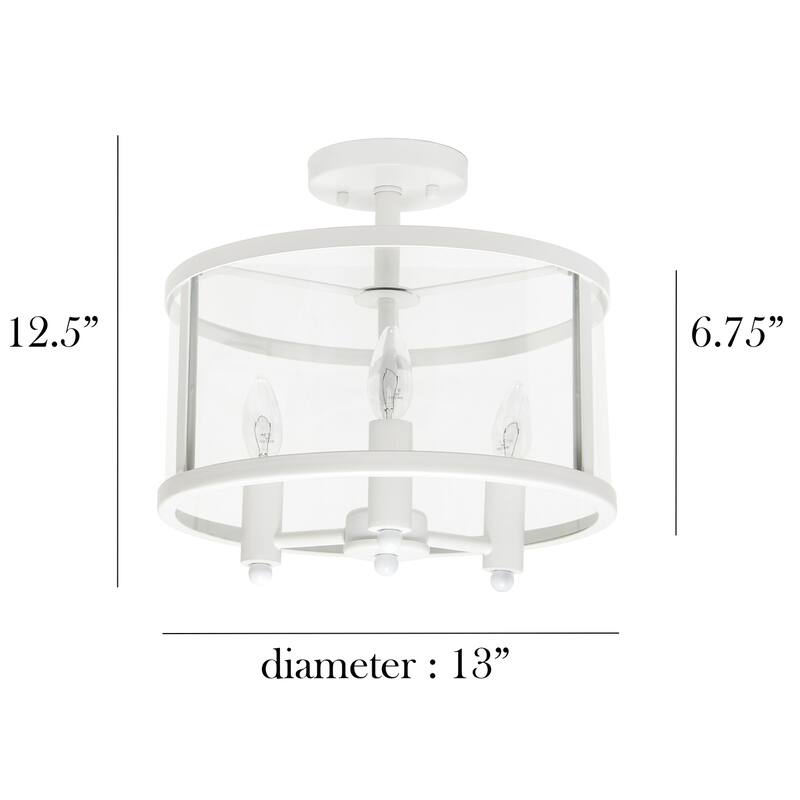 HomeStock 3-Light Semi-Flushmount Ceiling Fixture - Matte White Iron & Glass Shade - Bedroom, Foyer, Living Room Lighting - 9.25