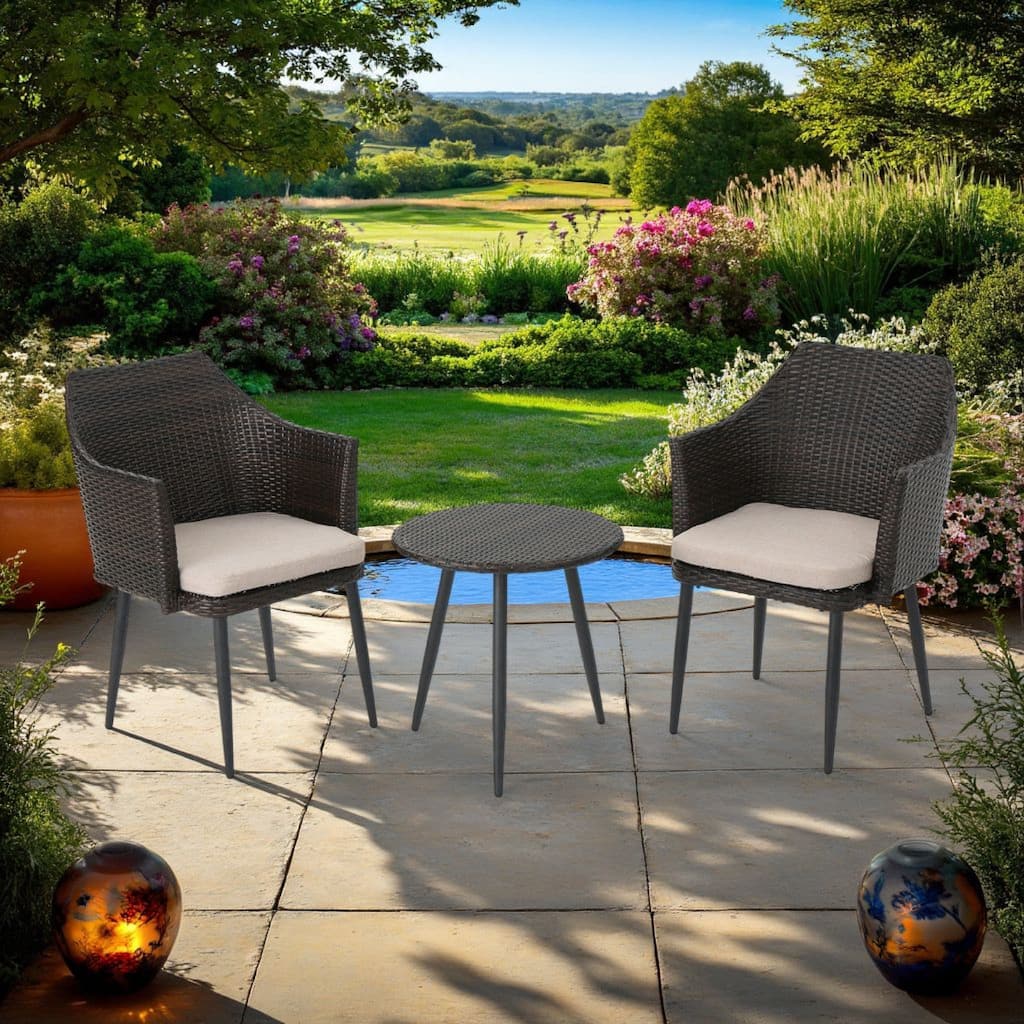 Kenny 3pc Outdoor Accent Chair Set, 1 Table, White, Brown Rattan, Iron