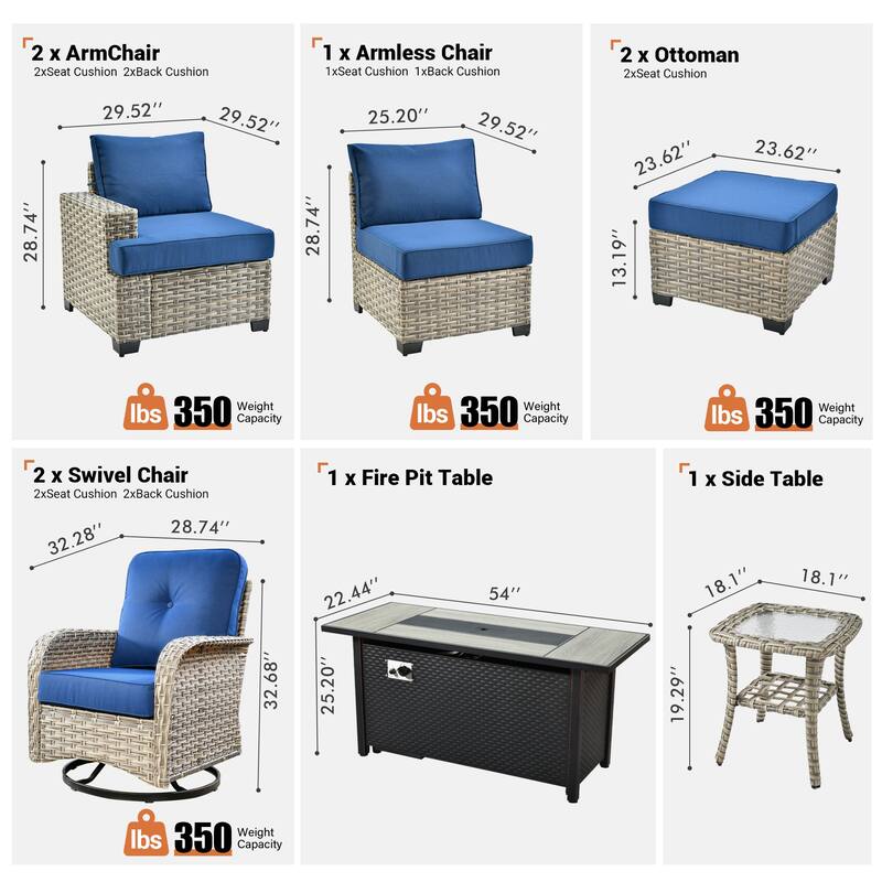 OVIOS 9 Pieces T shaped Seat Curved Swivel Chair Set With Fire Pit