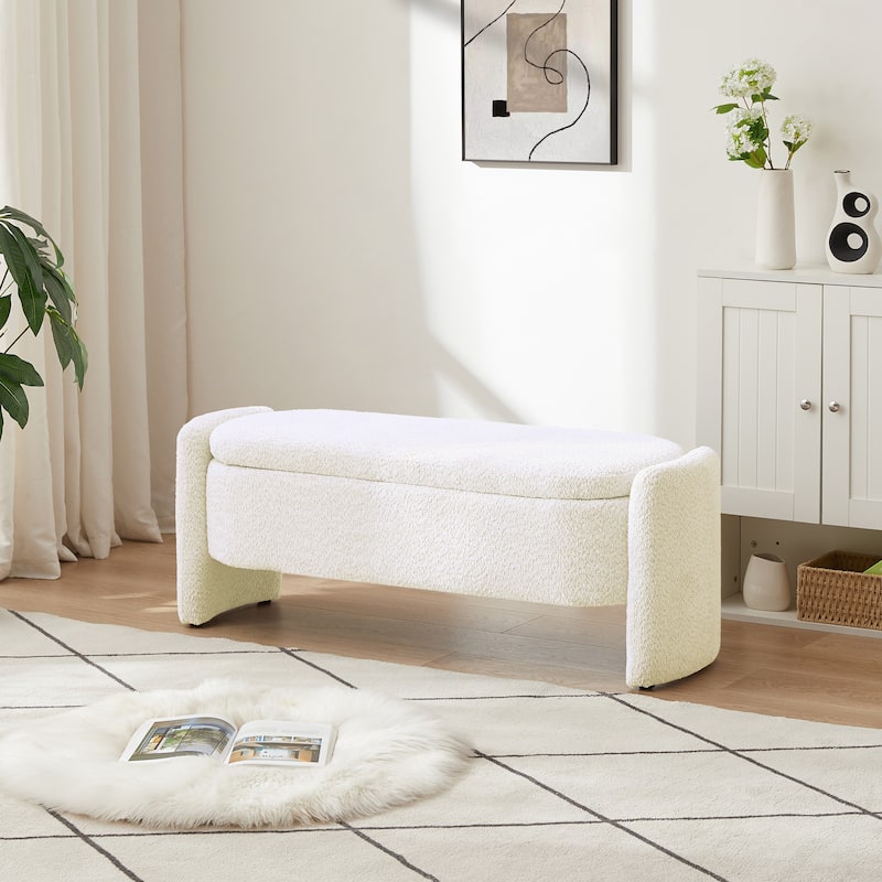 Ottoman Oval Storage Bench 3D Lamb Fleece Fabric Bench with Large Storage Space for the Living Room, Entryway and Bedroom - Cream White