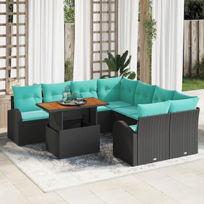 vidaXL 9 Piece Garden Sofa Set with Cushions Black Poly Rattan - 92.1×92.1×27.2