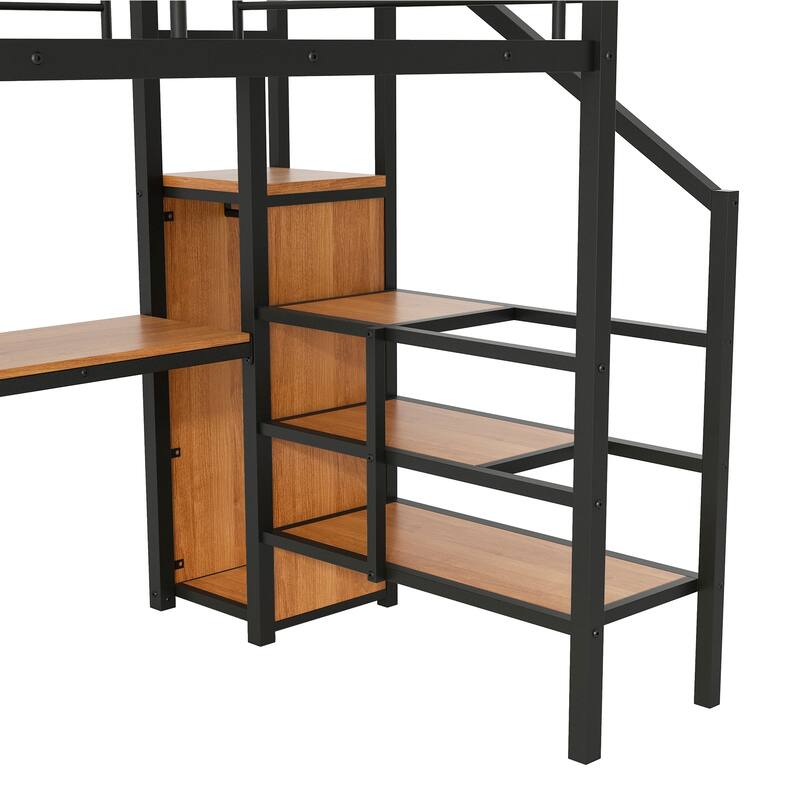 Full Size Metal Loft Bed with Desk, Storage Staircase, Small Wardrobe and LED Light, Black