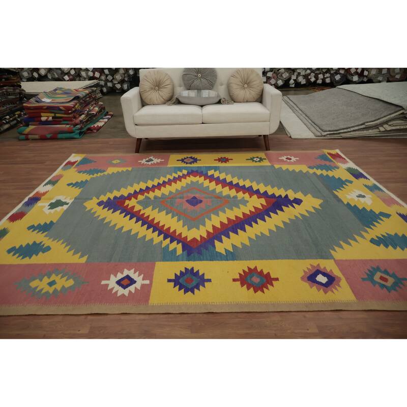 Hand Woven Oriental 100% Wool Carpet Southwestern Tribal Multi-Colored Kilim Area Rug - 9' 7'' X 7' 10''