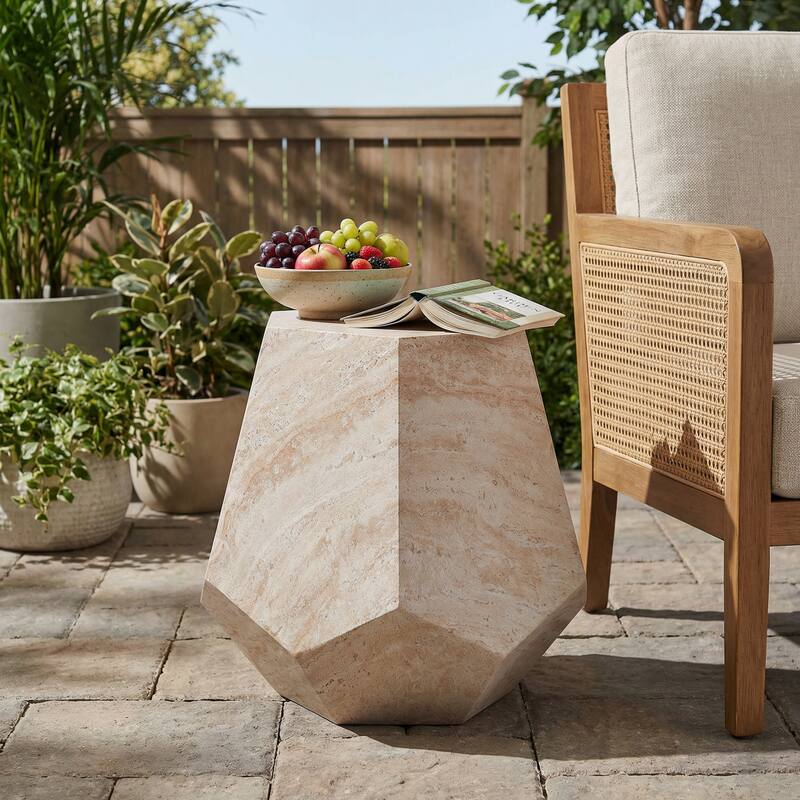 Outdoor Indoor Lightweight Concrete Side Table, Hexagonal Round Travertine Accent Table - 21.52