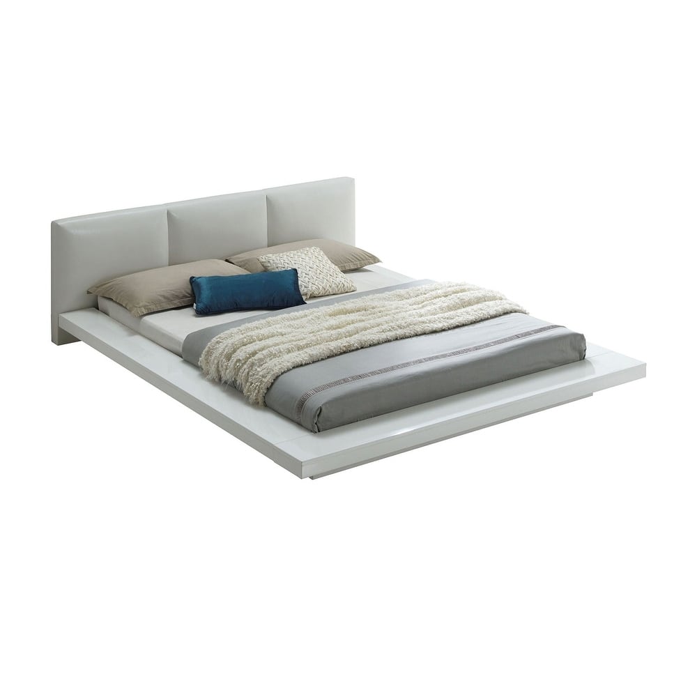 Low Profile Bed with Padded Fabric Headboard Design in White
