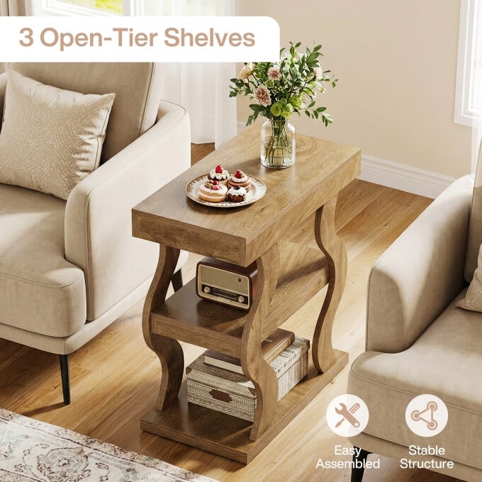 3-Tier Narrow Wooden End Table, Nightstand With Open Storage Shelf