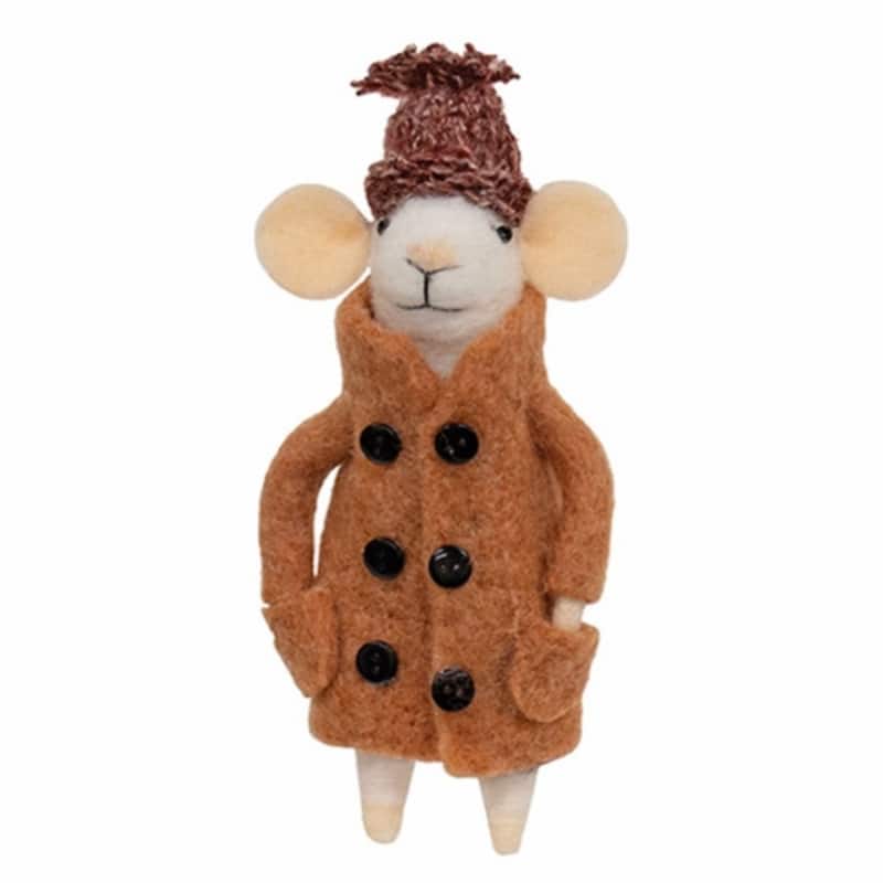 Felted Mouse in Tan Coat Ornament Winter Holiday Decor - 5.5" x 2.5" - Orange/White/Black