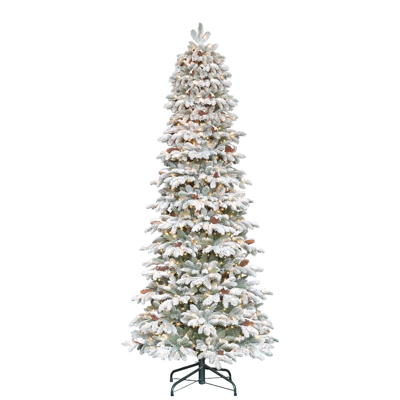 Puleo International 7.5 ft. Pre-Lit Flocked Slim Montville Spruce Artificial Christmas Tree