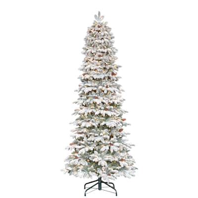 Puleo International 7.5 ft. Pre-Lit Flocked Slim Montville Spruce Artificial Christmas Tree