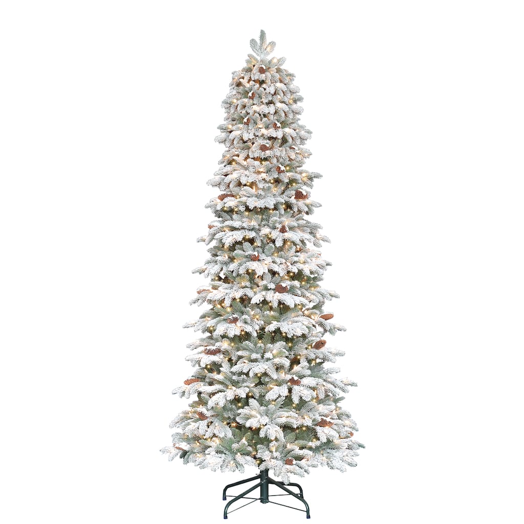 Puleo International 7.5 ft. Pre-Lit Flocked Slim Montville Spruce Artificial Christmas Tree