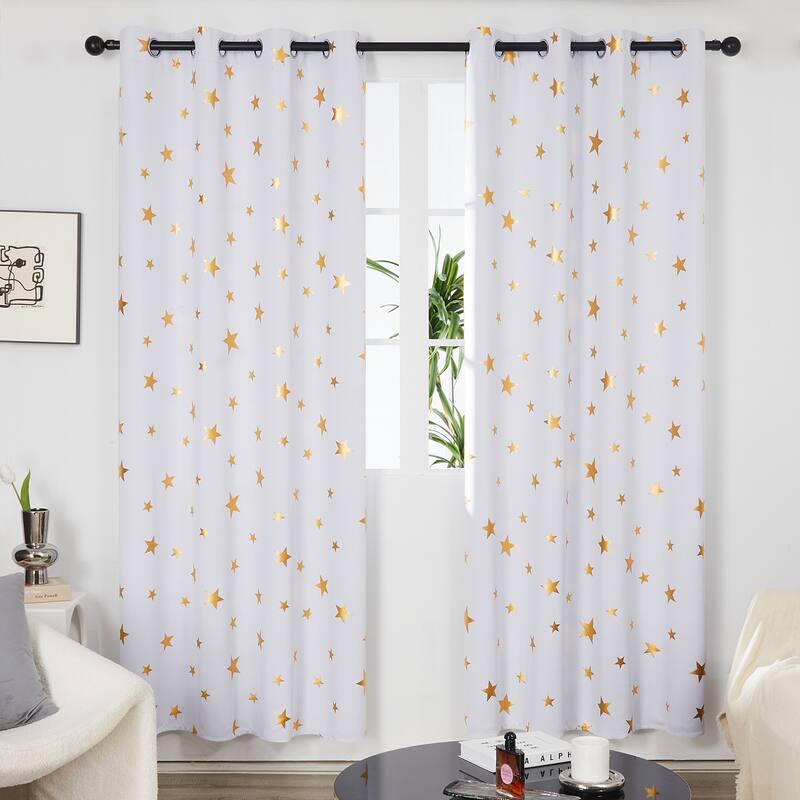 Gold Star Foil Room Darkening Curtains for Kids 2 Panels - 42 x 95 Inch - Greyish White