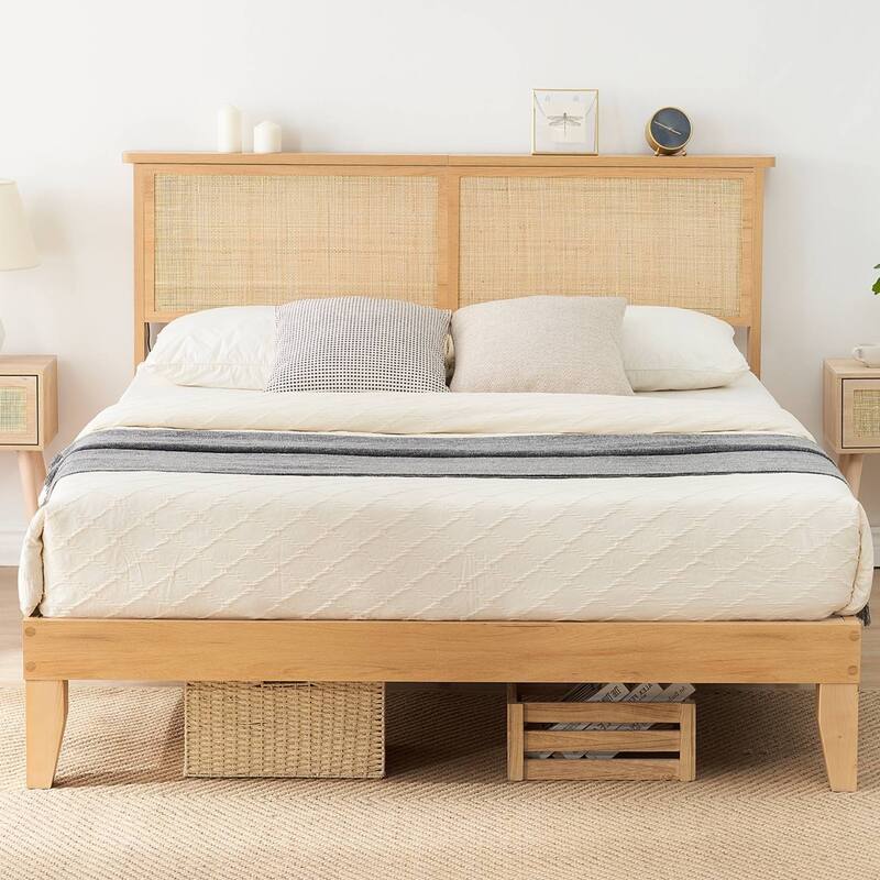 Bed Frame with Rattan Headboard and LED lights - Queen