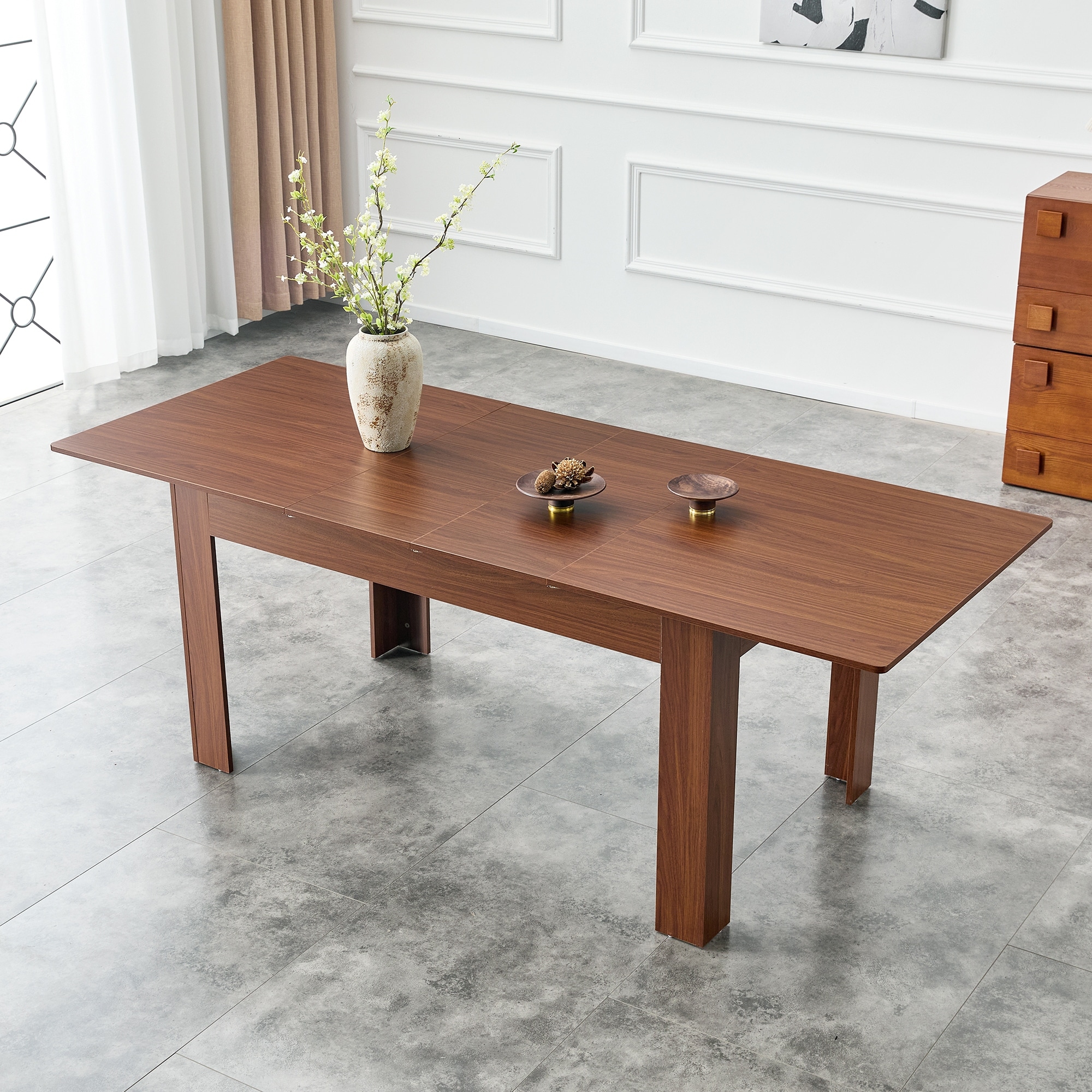 Modern Expandable Walnut Dining Table with Double Drop Leaves Space Saving Rectangular Kitchen Table for Small or Large Spaces