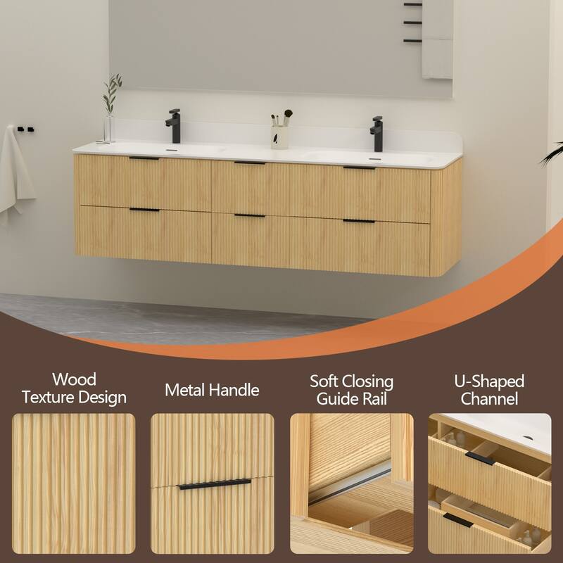 72" Floating Bathroom Vanity with Integrated countertop Rectangular Sink Solid Wood