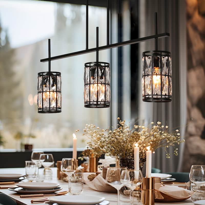 Aulia Modern 3-Light Crystal Chandelier Black Island Lights for Dining Room - L 31.5" x W 4.5" x H 15.5"