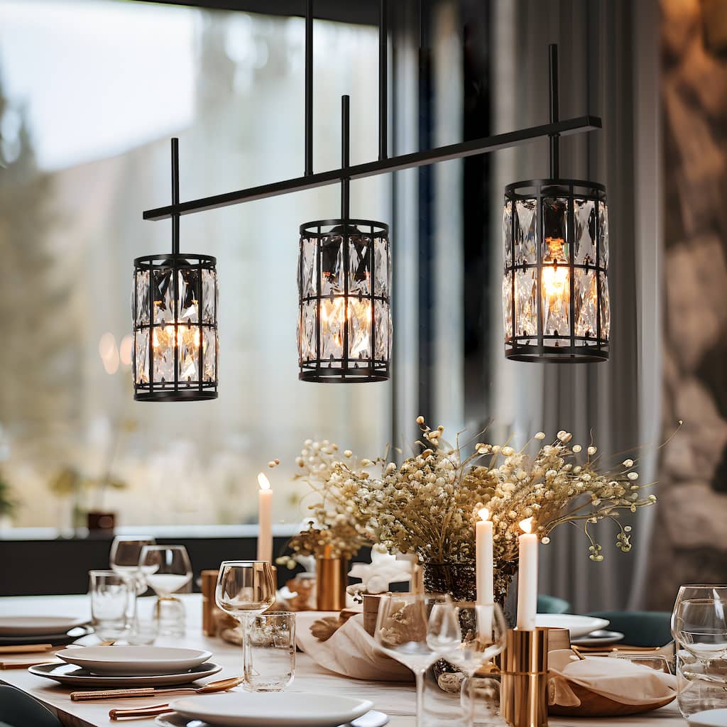 Aulia Modern 3-Light Crystal Chandelier Black Island Lights for Dining Room - L 31.5" x W 4.5" x H 15.5"
