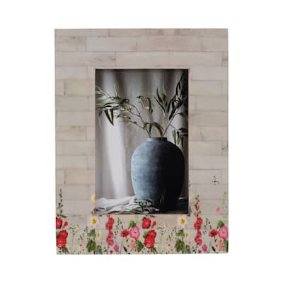 Sagebrook Home Neutral Textured Resin Rectangle Pink Flower Field Photo Frame