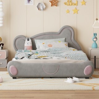 Fairytale & Animals Theme Bed Frame Bear-Shaped Design Grounded Bed with Cute Headboard & Footboard, Suit for Kids - Grey Queen