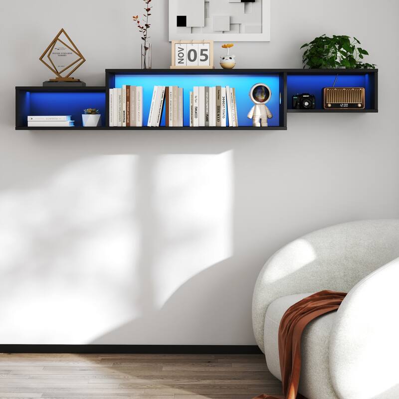65.35" LED Wall Mounted Floating TV Stand with Charging Station - Black