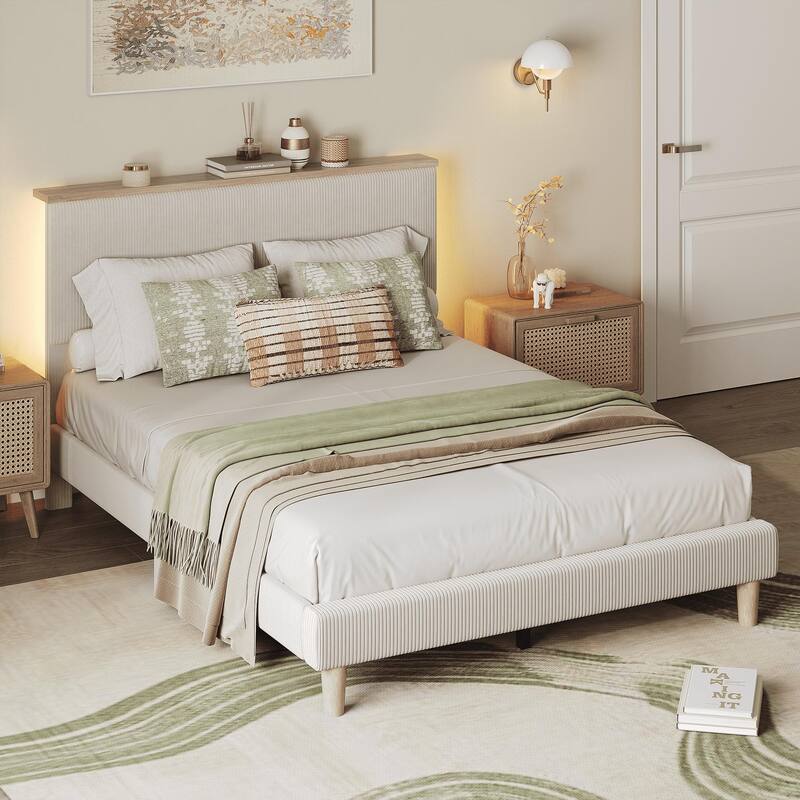 Bestier Bed Frame Velvet Upholstered Platform Bed Frame with Storage Headboard and LED Lights