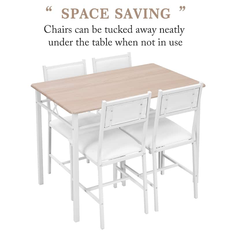 Javlergo 5-Piece White Frame Dining Set with Oak MDF Top PU Leather Chairs with Foam Padding Space Saving for Small Spaces