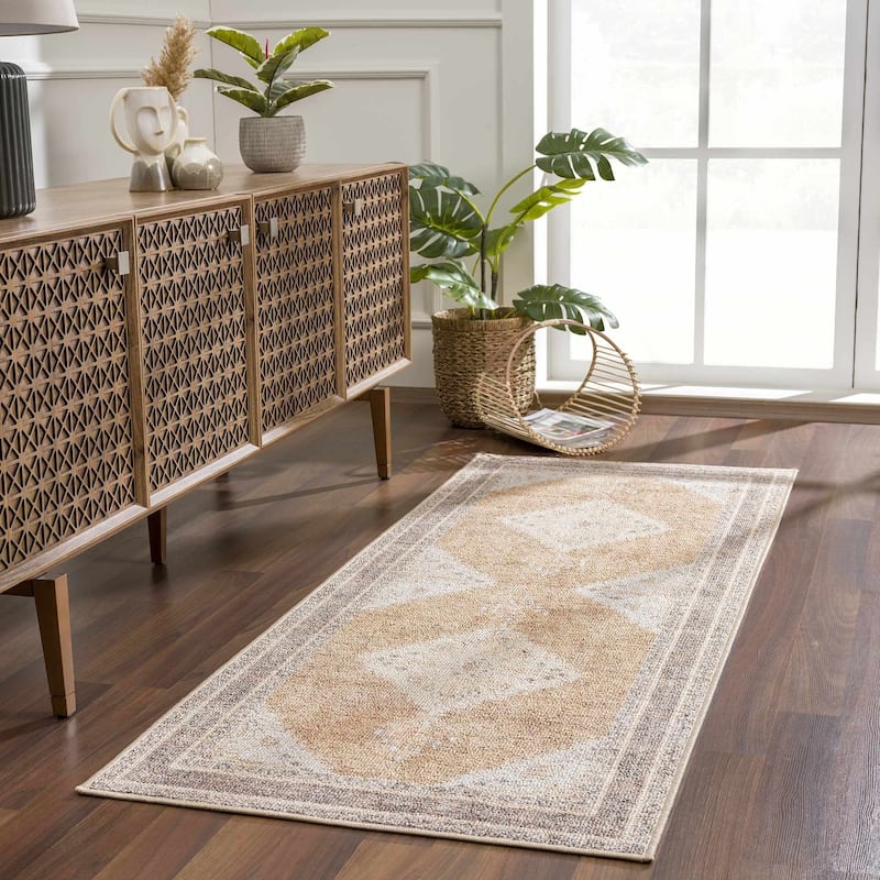 Reseca Oriental Traditional Vintage Distressed Machine Washable Area Rug - 2'7" x 7'3" - Light Brown, Dark Brown, Light Blue / Albas