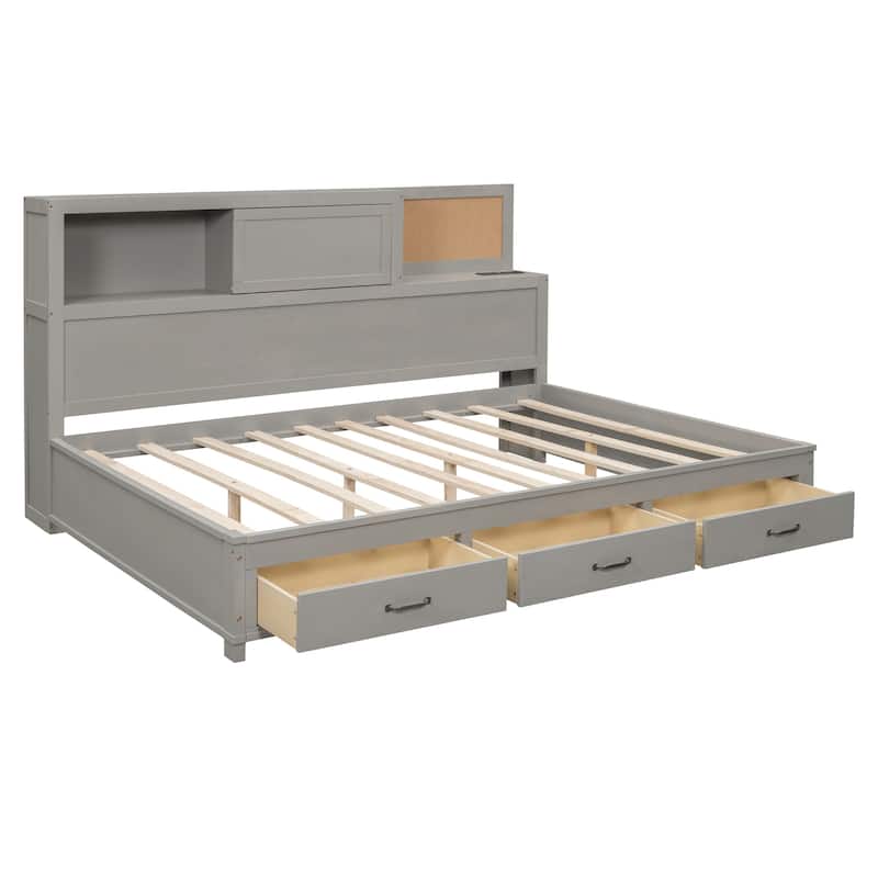Full Size Wooden Daybed with Storage Drawers and USB Ports