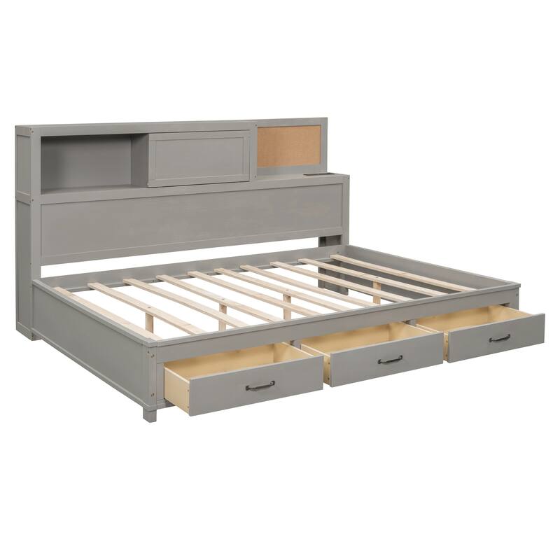 Gray Full Size Wooden Daybed with Three Storage Drawers, Soft Board, and USB Ports