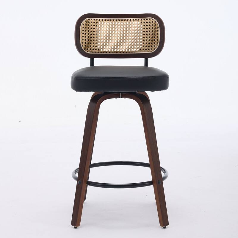 26" Swivel Rattan Bar Stools - Walnut Finish Counter Height Stools with Upholstered Seat