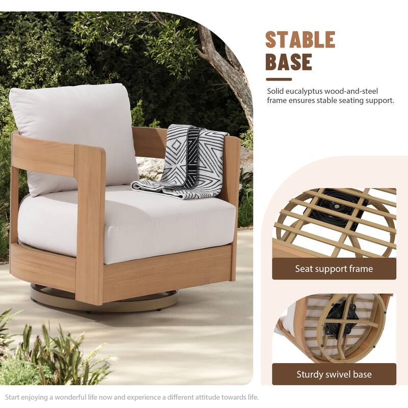 Outdoor Swivel Chair Conversation Set 360-Degree Solid Wood Eucalyptus