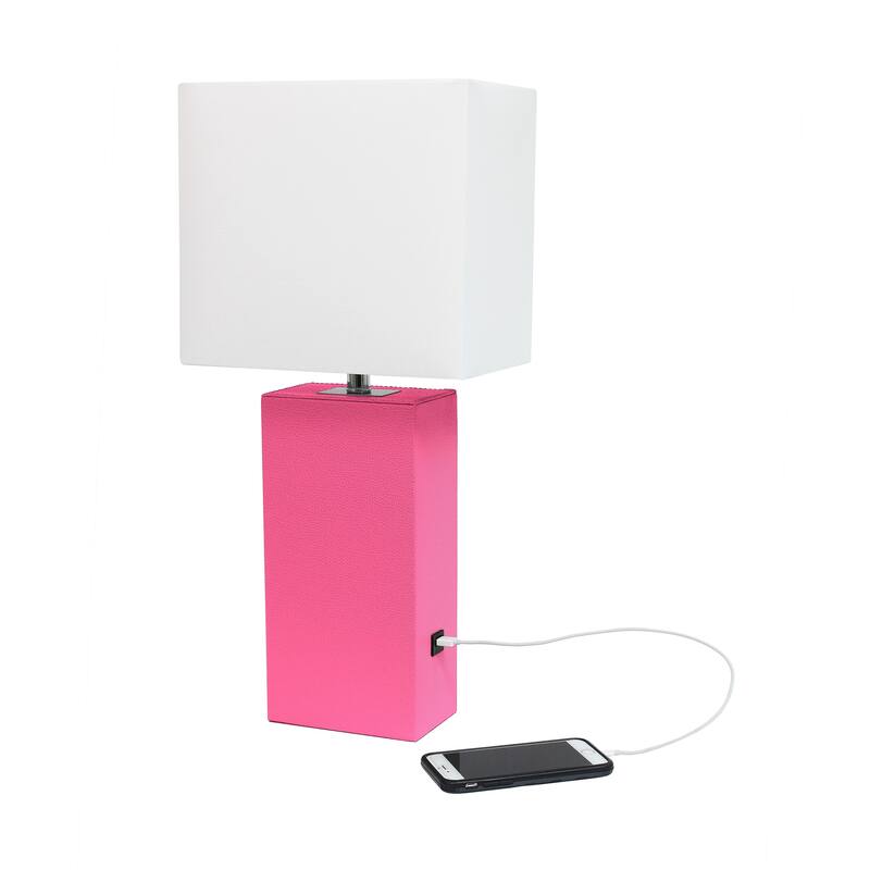 Modern Leather Table Lamp with USB and White Fabric Shade