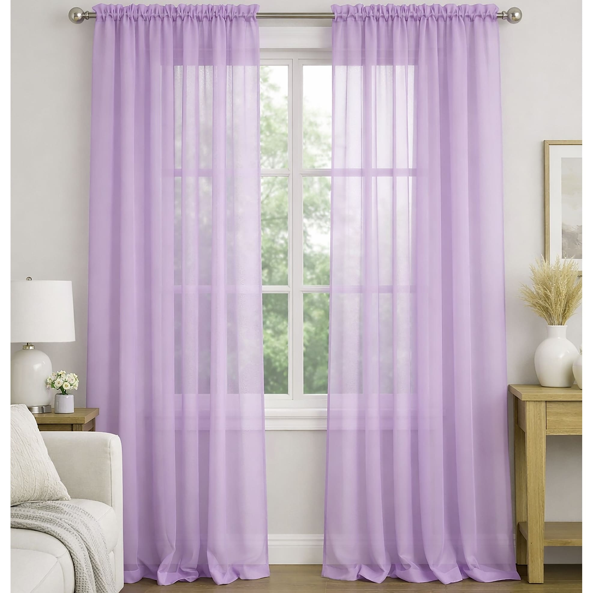 Lilac Sheer Window Rod Pocket Curtain Set 108" Inches Long (2 Panels) - 108" Long