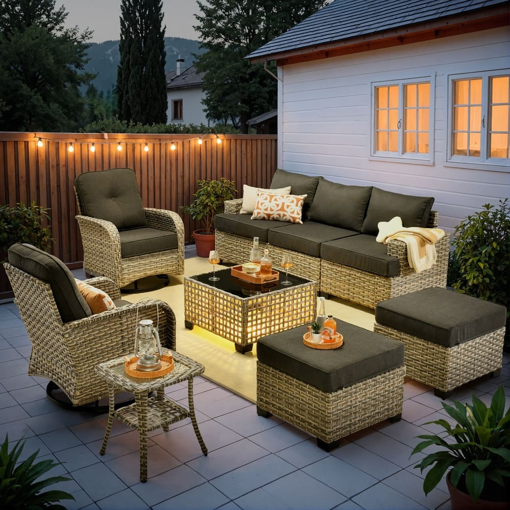 OVIOS 9 Pieces Wide Arm T shaped Seat Curved Swivel Chair Set With Solar-Powered Table