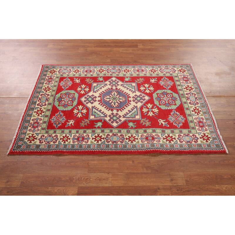 Red Kazak Oriental Foyer Rug Hand-Knotted Wool Carpet - 3'3" x 4'10"