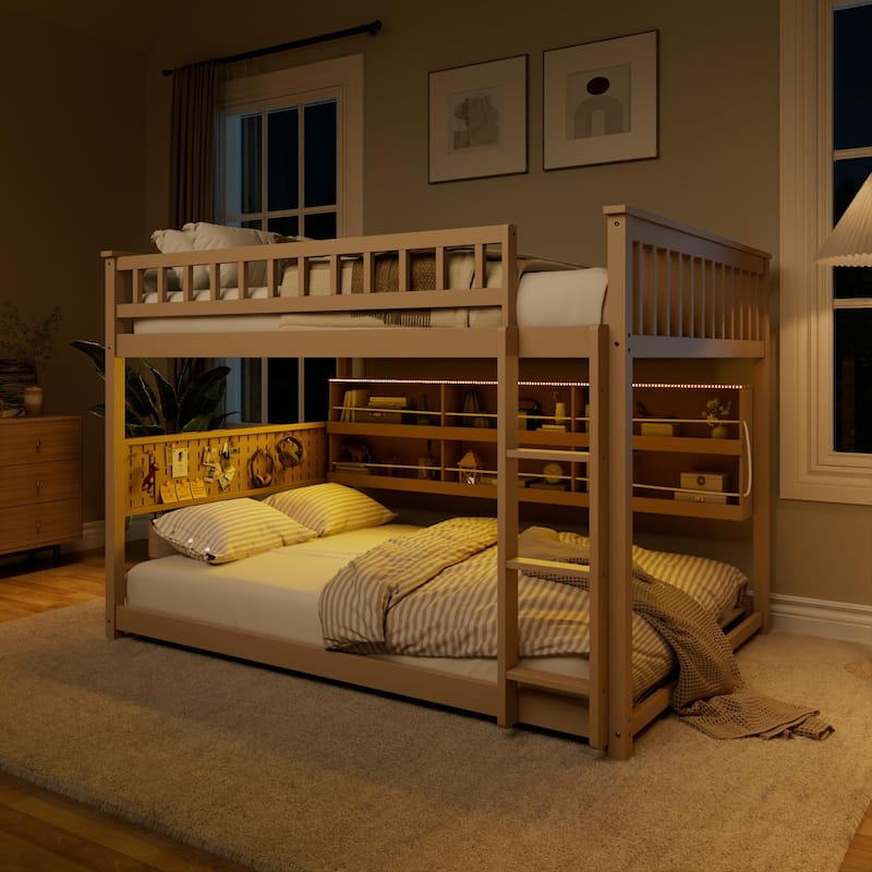 Full XL over Queen/Full over Full Bunk Bed with Integrated Shelving, Color-Changing Lights & Pegboard