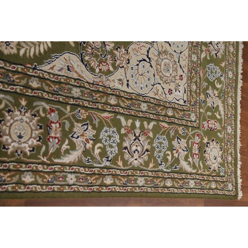 Traditional Green Kashan Oriental Area Rug Floral Wool & Silk Carpet - 9'0"x 12'0"