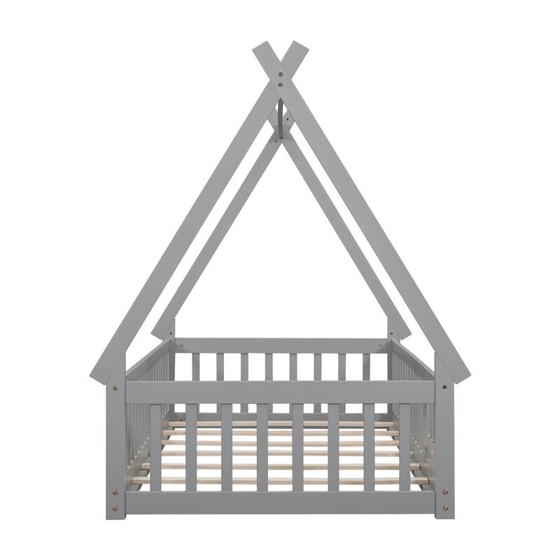 Twin Tent-shaped Floor Bed, Pine Fun Playhouse Bed Frames, With Guardrails, Slats, Door, House Bed Frame With Roof
