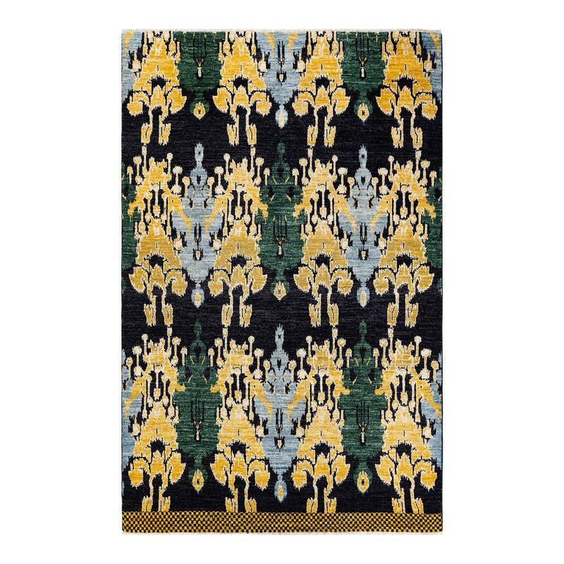 Overton Hand Knotted Wool Contemporary Ikat Black Area Rug - 6' x 9' - Black - 6' x 9'