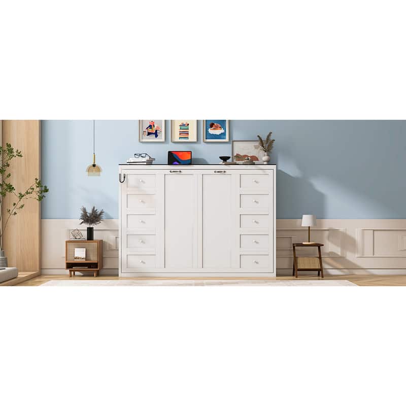 Roomfitters Full/Queen Size Murphy Bed with Desk, LED Light and Hydraulic Lift, Cabinet Design