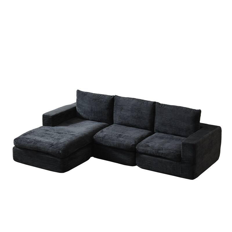 L-Shaped Sectional Sofa with Chaise Lounge, Corduroy Upholstered Boneless Couch, Module Corner Sofa with 3 Pillows