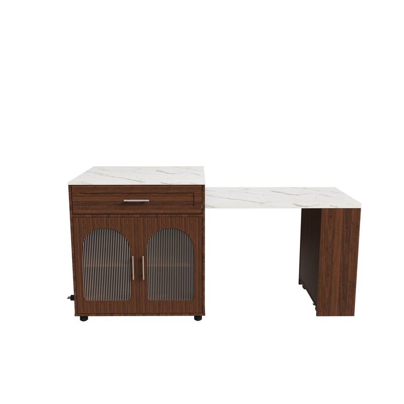 80-Inch Expandable Mobile Kitchen Island with Dining Table, Marble-Grain Top & Power Outlet