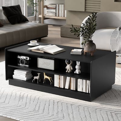Modern Coffee Table with Tempered Glass Drawers & Grooved Design, End Table Office Table with Open Display Shelves