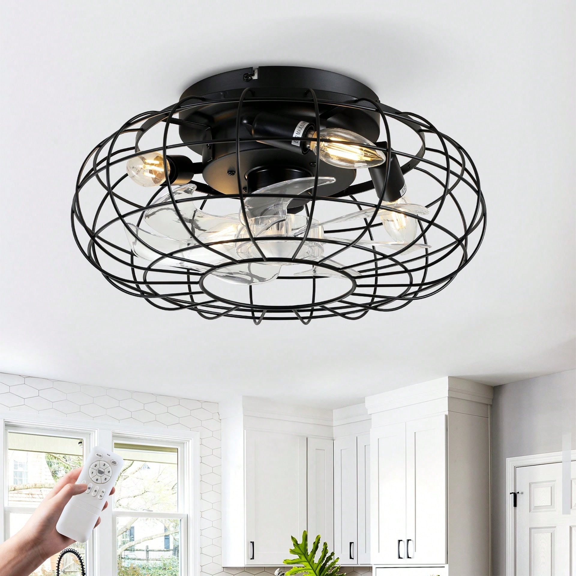 Cusp Barn 20'' Black Low Profile Bladeless Caged Ceiling Fan with Lights and Remote, 6 Speeds Reversible Ceiling Fan for Bedroom