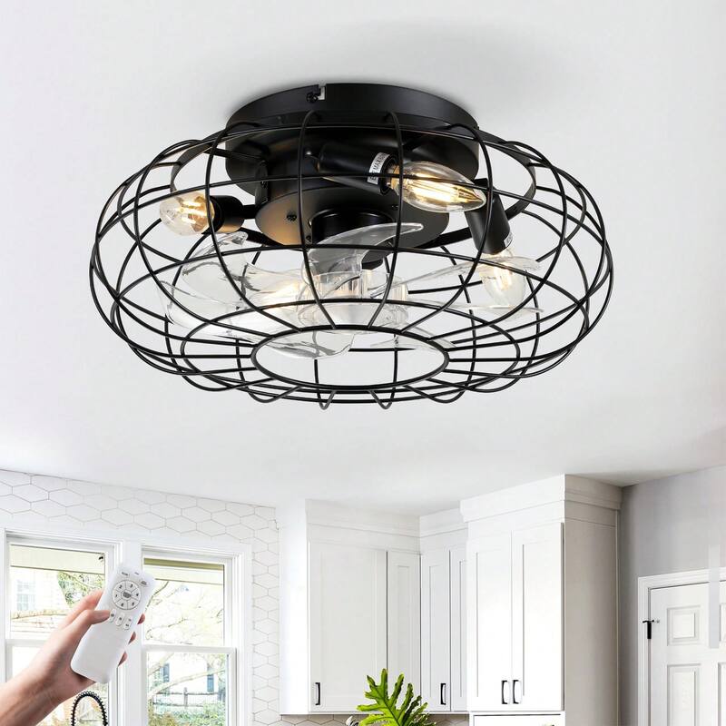Cusp Barn 20'' Black Low Profile Bladeless Caged Ceiling Fan with Lights and Remote, 6 Speeds Reversible Ceiling Fan for Bedroom - Black