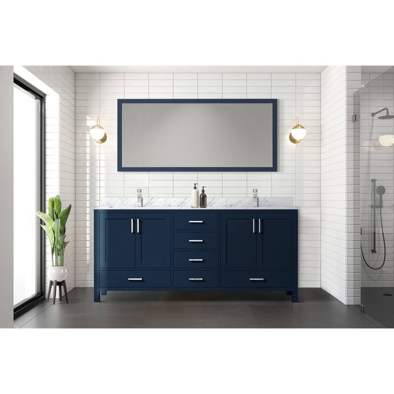 Jacques 72 in. W x 22 in. D Navy Blue Double Bath Vanity, Carrara Marble Top, Faucet Set, and 70 in. Mirror