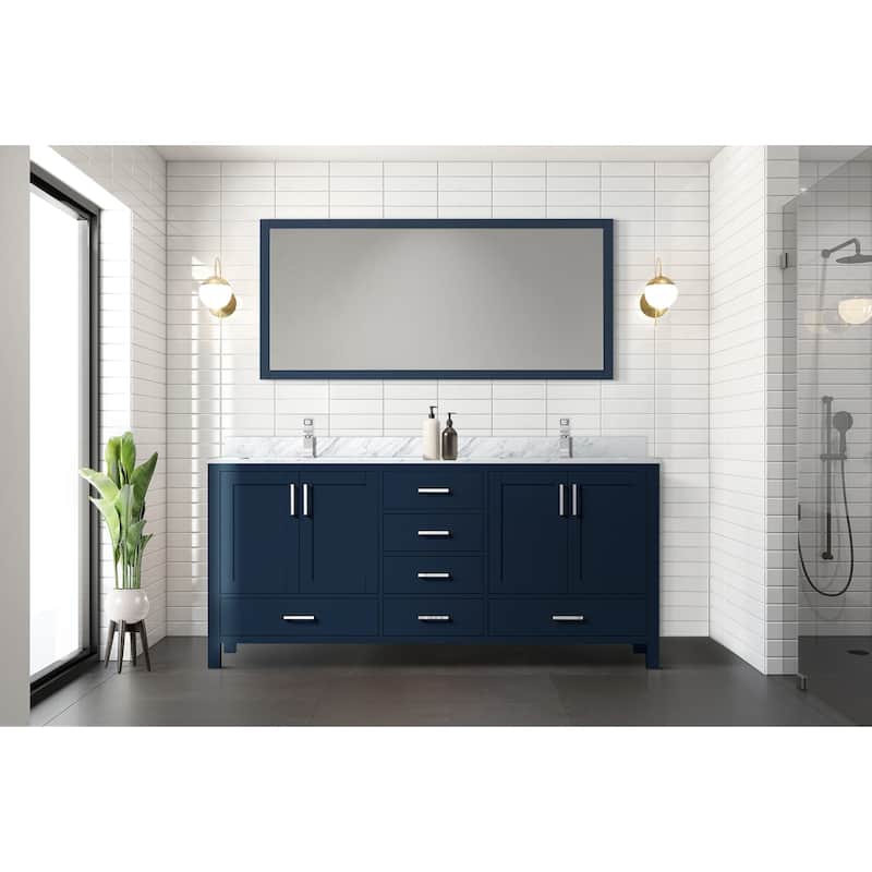 Jacques 72 in. W x 22 in. D Navy Blue Double Bath Vanity, Carrara Marble Top, and 70 in. Mirror