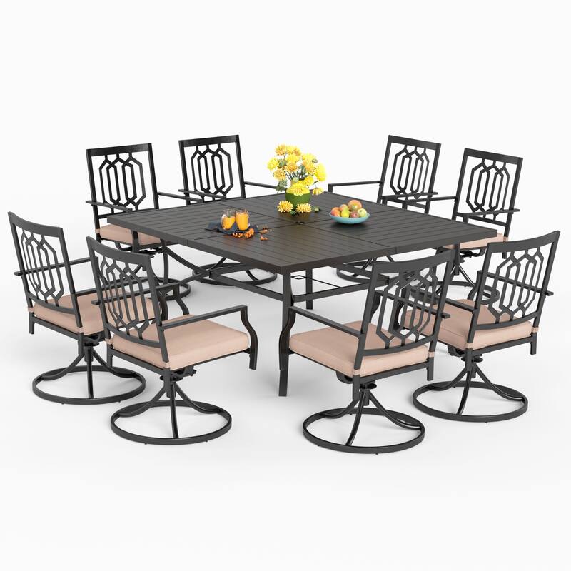 MAISON ARTS 9-Piece Patio Dining Set, 60 Inch Square Metal Table and 8 Swivel Dining Chairs