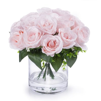 Enova Home Artificial Open Fake Silk Roses Flowers Arrangement in Clear Glass Vase with Faux Water for Home Wedding Decoration