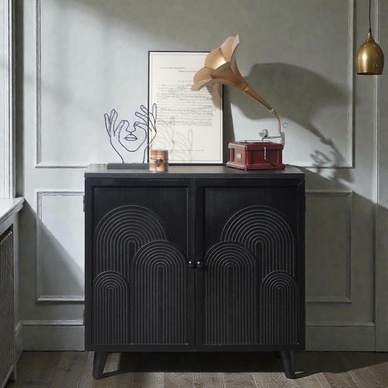 31 Inch Modern Black Storage Cabinet with Embossed Door, Accent Sideboard for Bedroom Living Room - Black