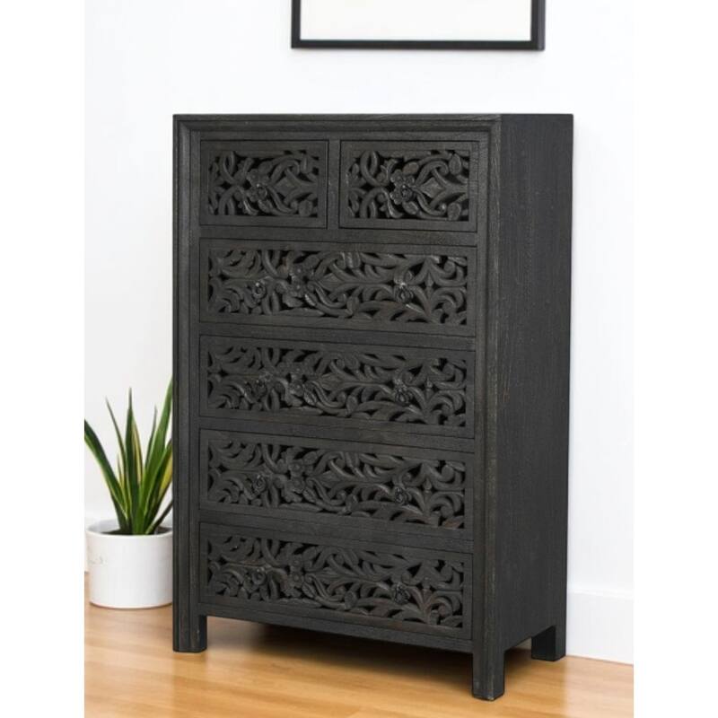 HomeRoots 35" Black Carved Floral Solid Wood Six Drawer Dresser - Black - 6-drawer
